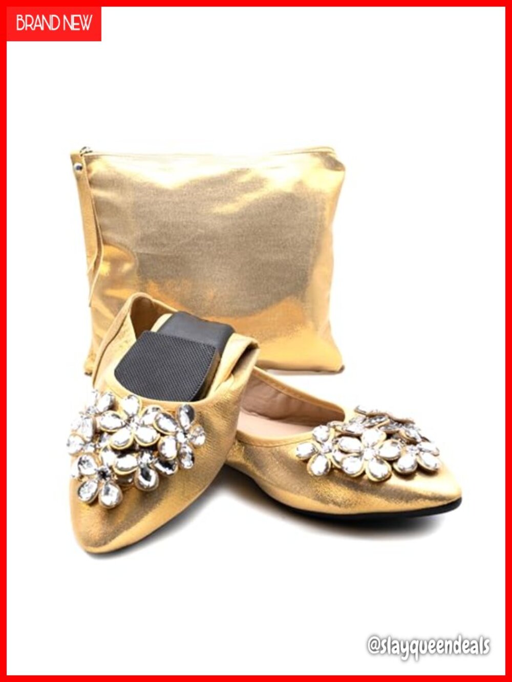 Foldable Ballet Flats Rhinestone Pointed Toe Comfortable Wedding Shoes